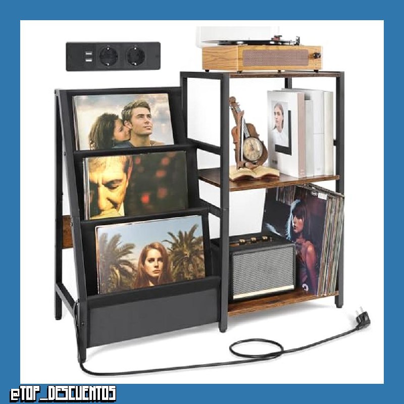 Bikoney Mesa Auxiliar para Tocadiscos con Toma de Corriente, Almacenamiento de Vinilos de 3 Niveles Hasta 200 Álbumes, Soporte de Discos de Vinilo para Sala de Estar