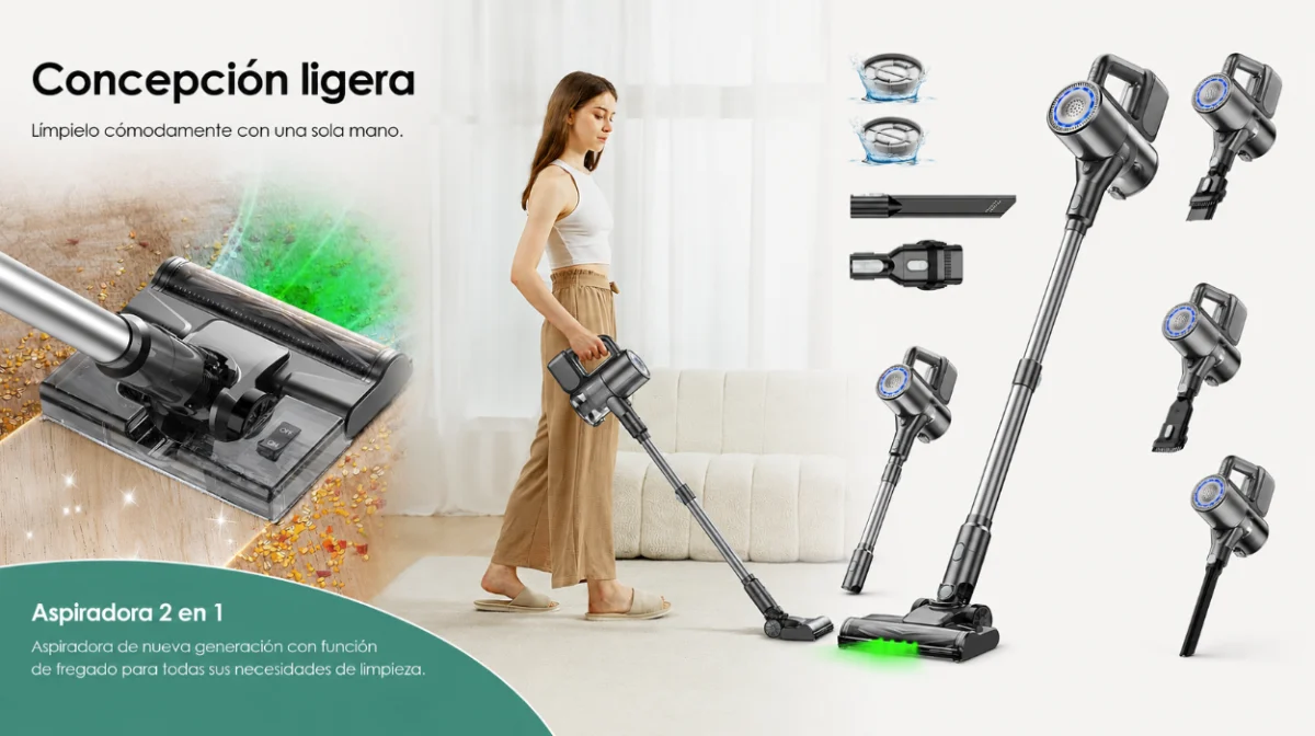 Aspiradora escoba sin cable 2 en 1: aspira y friega a la vez con tecnología LED verde para limpieza total por sólo 59,99€ con cupón y envío gratis (-40%)