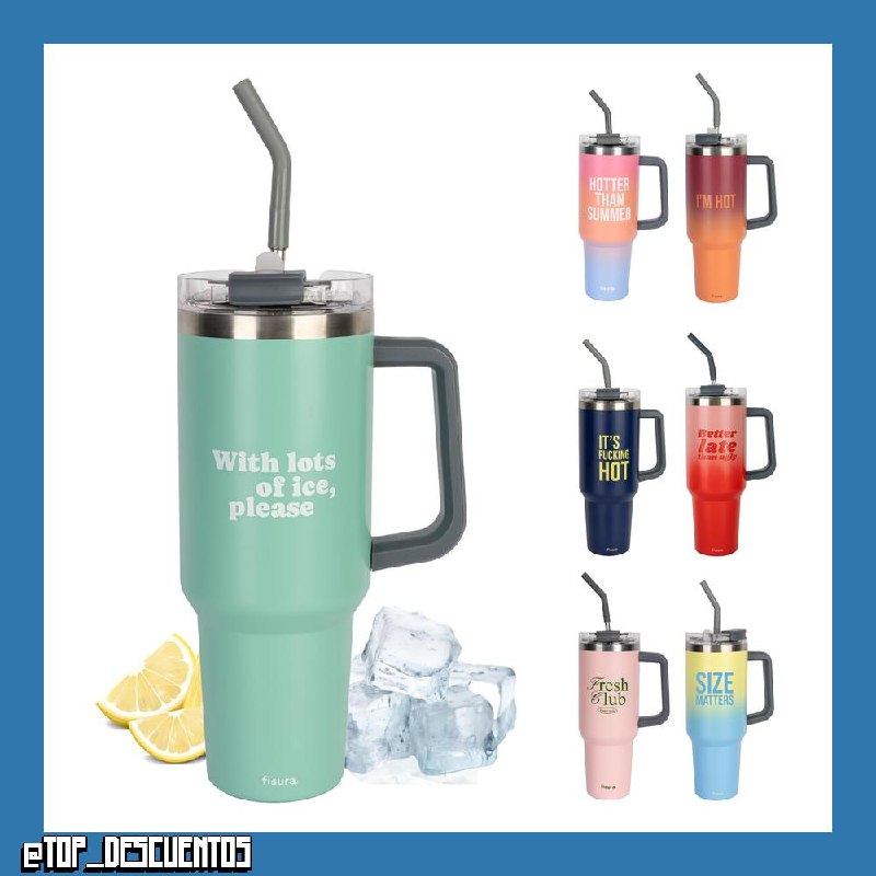 Fisura – Botella de agua térmica 1,2 litros Botella térmica grande. Botella de acero inoxidable. Sin BPA. 24 horas frío / 12 horas calor. Con pajita incluida. 9,8 cm x 27,8 cm (Lots of ice, azul)
