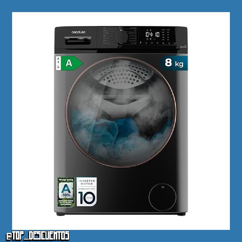 Cecotec Lavadora 8Kg Carga Frontal Bolero DressCode 8610 Inverter Steel A. 1400 RPM, Steam Max, Motor Inverter Plus, 15 Programas, OnSmart, Smooth Wash, Stop&Go, Goma Antibacteriana, Drum Clean [Clase