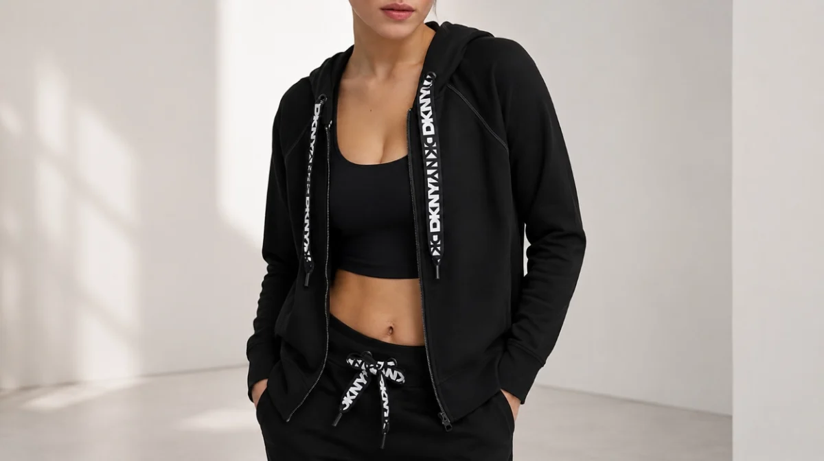Sudadera DKNY Logo Drawstring Full Zip para mujer por sólo 43,95€ con envío gratis (44% de descuento)