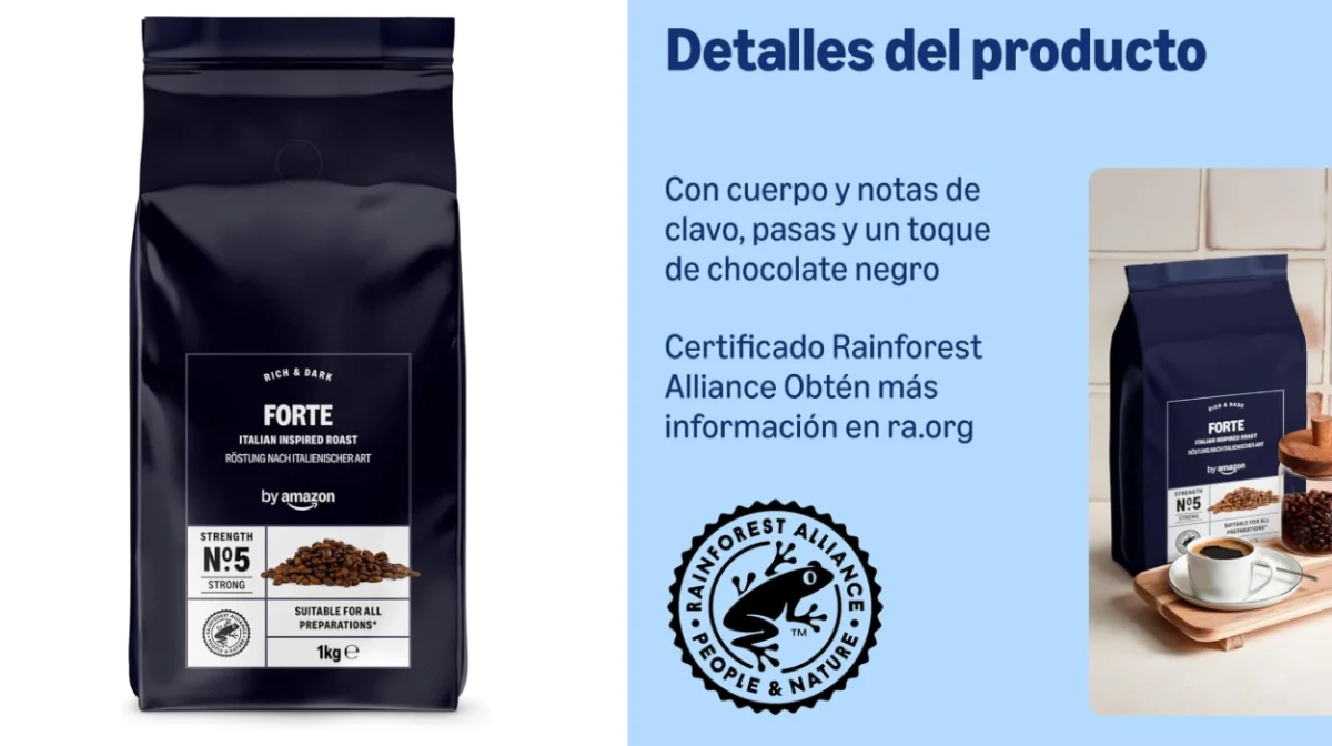 Café en grano by Amazon Fuerte de tueste natural oscuro estilo italiano 1 Kg por sólo 11,55€ (-25%)