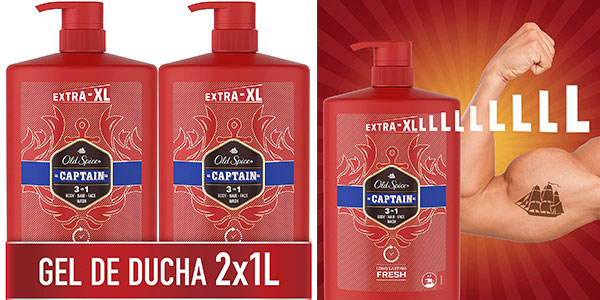 Pack x2 Gel de baño y champú Old Spice Captain 3 en 1 de 1 litro para hombre por sólo 10,99€ (-30%) ¡5,50€ cada uno!
