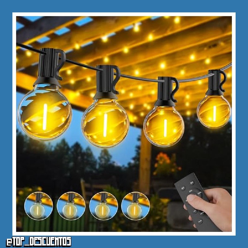 Guirnalda Luces Exterior Regulables, 30M Luces Exterior Jardin con Control Remoto, 50+2 LED Bombillas, IP45 Impermeable, Baja Tensión 24V, Blanco Cálido para Patio, Balcón, Camping, Fiestas [Clase de