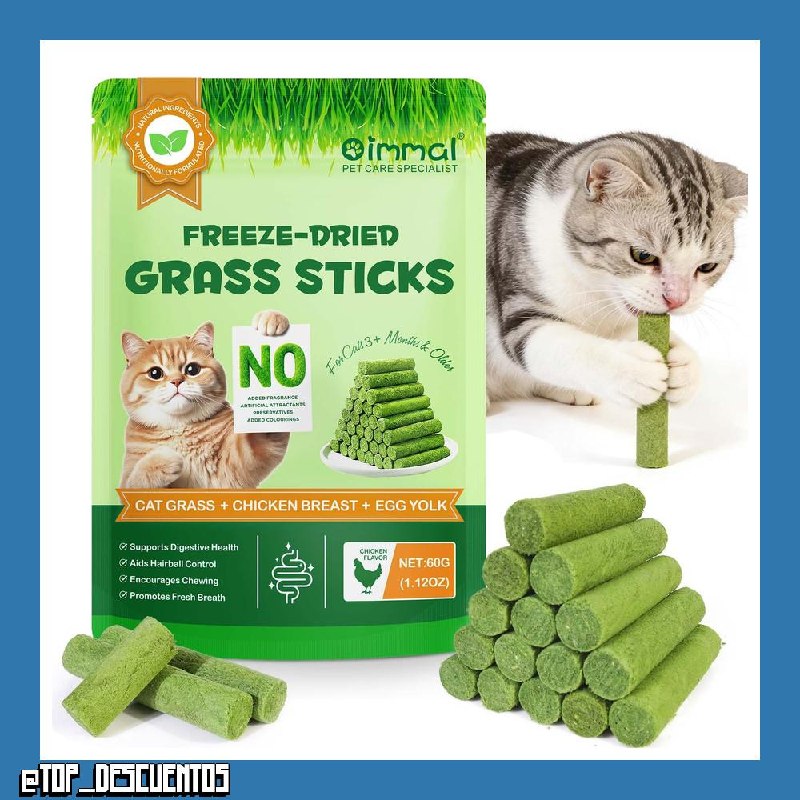 Palo de Hierba para Gatos de 60g, Snacks para Gatos Liofilizados de Hierba para Gato, Golosinas Comestibles para Limpieza Dental y Eliminación de Bolas de Pelo, Sabor Natural a Pollo