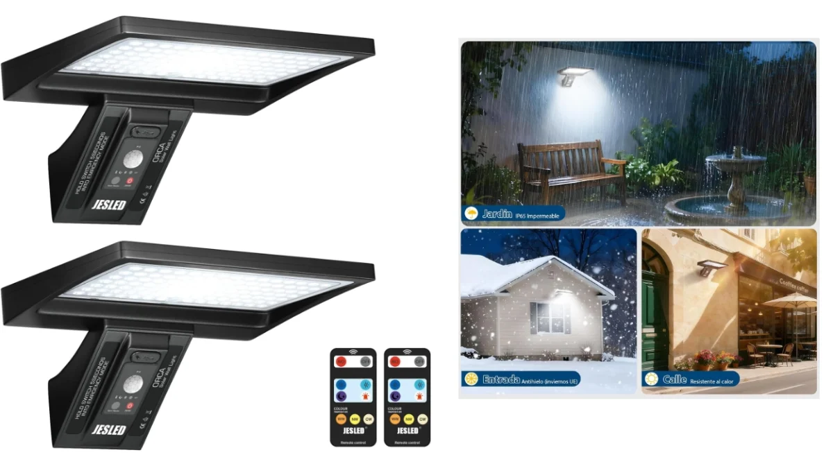 Pack x2 focos solares Jesled con control remoto, 104 LED y 3 colores para exteriores por sólo 28,47€ con descuento automático (-47%)