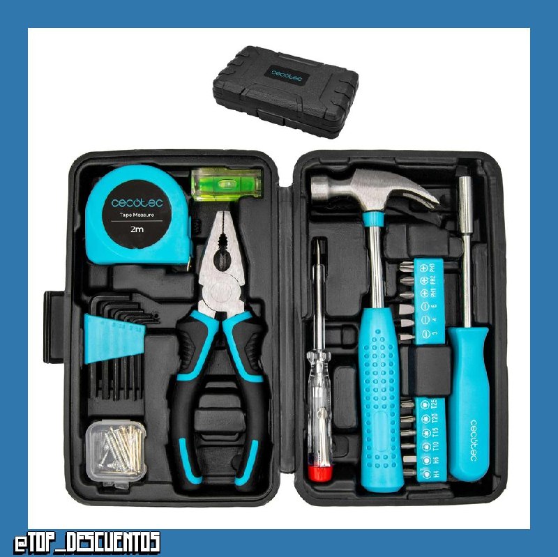Cecotec Caja Herramientas 68 Piezas ToolBox EasyGo. Estuche Ultracompacto y Portátil, Incluye Martillo, Metro, Destornilladores y Más, Organización Interna Optimizada, Ideal para Hogar y Coche