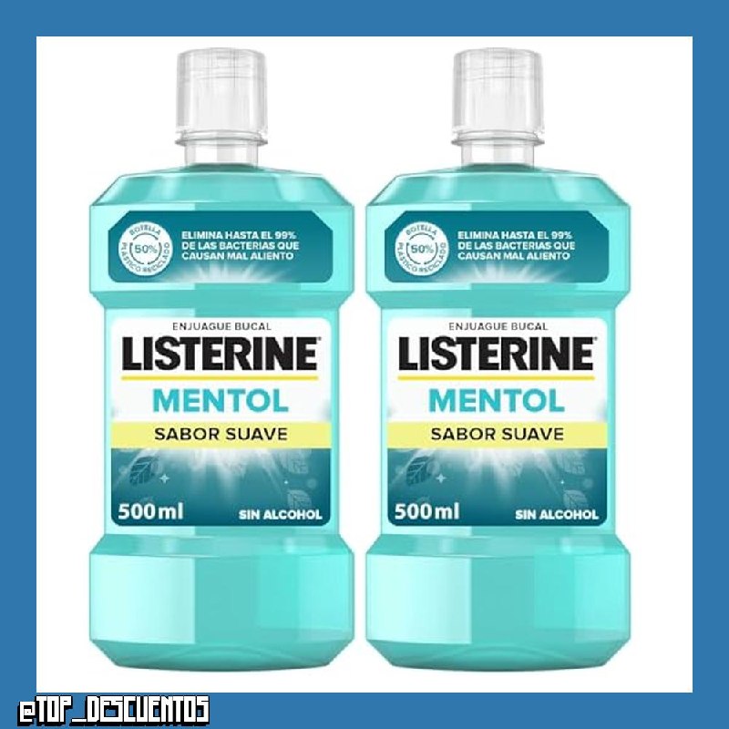 Listerine Enjuague Bucal, Mentol Sabor Suave, Sin Alcohol, Para uso Diario, Aliento Fresco Duradero, 500ml (Paquete de 2)