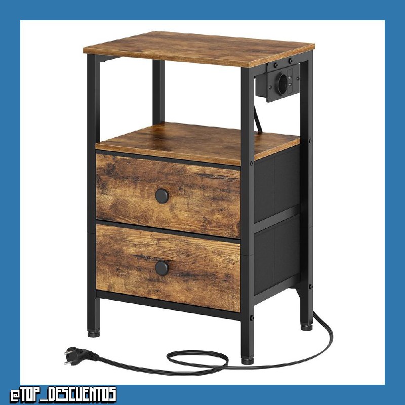 YATINEY Mesita de Noche con Estación de Carga, Cajonera con Toma de Corriente y Puertos USB, 2 Cajones, Mesita Auxiliar Industrial, para Dormitorio, Salón, Marrón Vintage y Negro XET02CBRY1