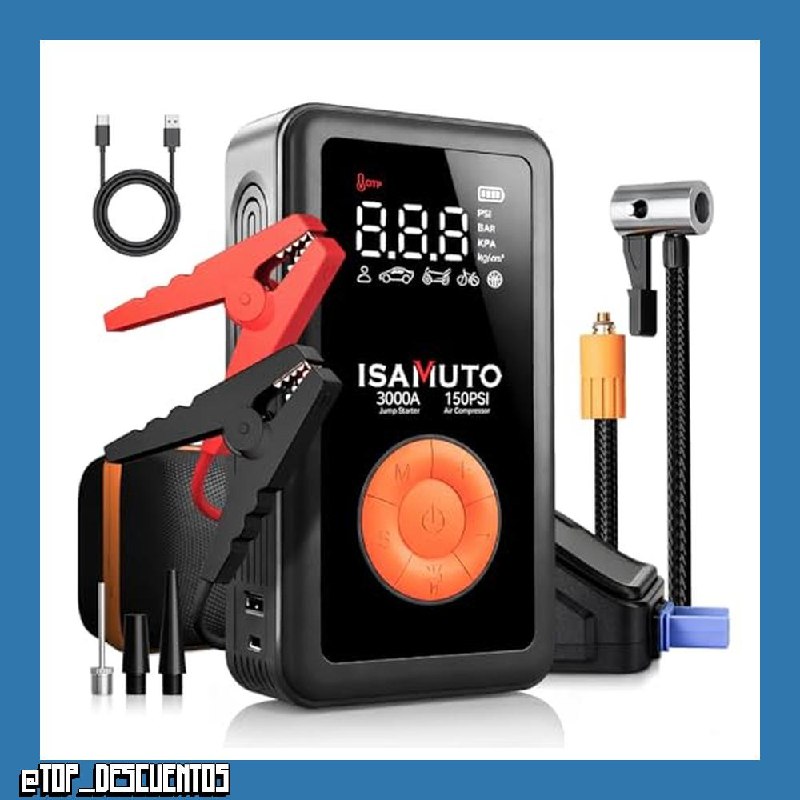Arrancador de Coche 3000A con Compresor de Aire 150 PSI, Booster Batería 12V para Motores Gasolina 7.0L y Diésel 6.0L, Inflador Portátil con Pantalla LCD y Luz LED