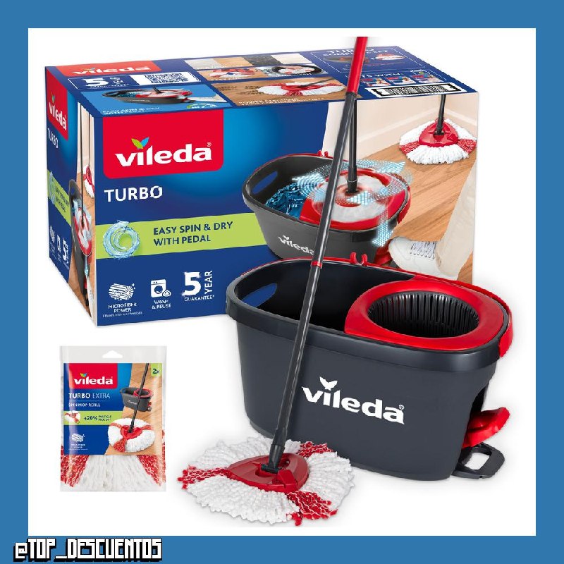 Vileda Turbo, Juego de Fregona Giratoria, Cubo con Pedal, Negro y Rojo
