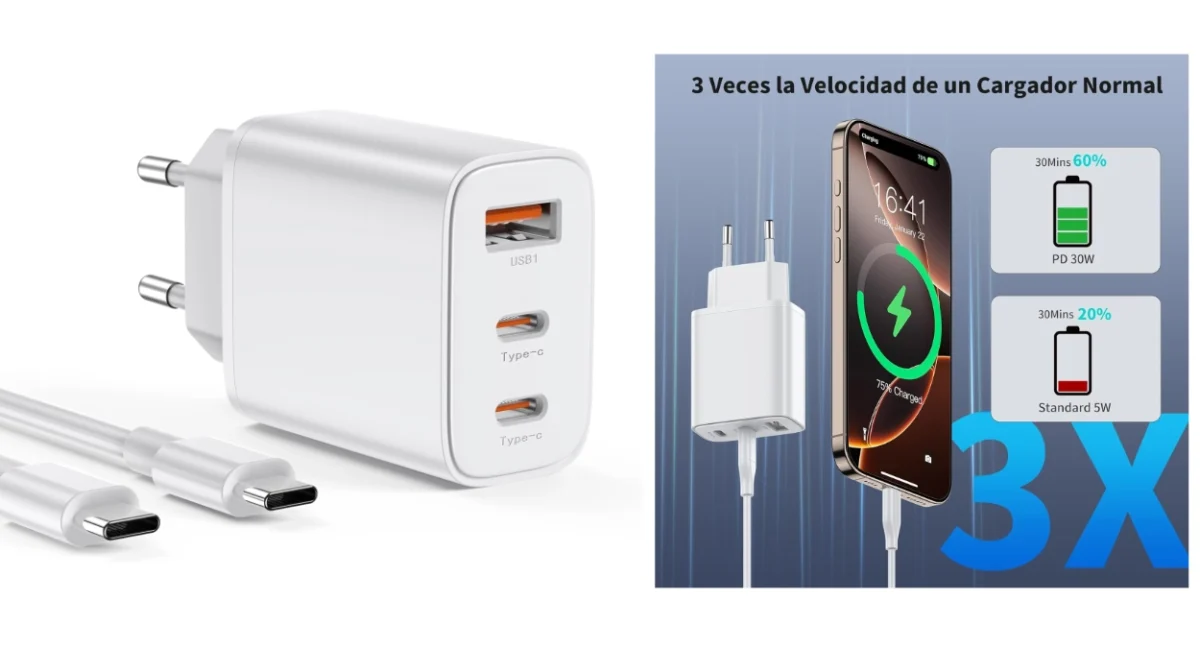 Cargador múltiple USB C de 30W con 3 puertos y cable de 2 m, compatible con iPhone y Samsung por sólo 8,54€ (-39%)