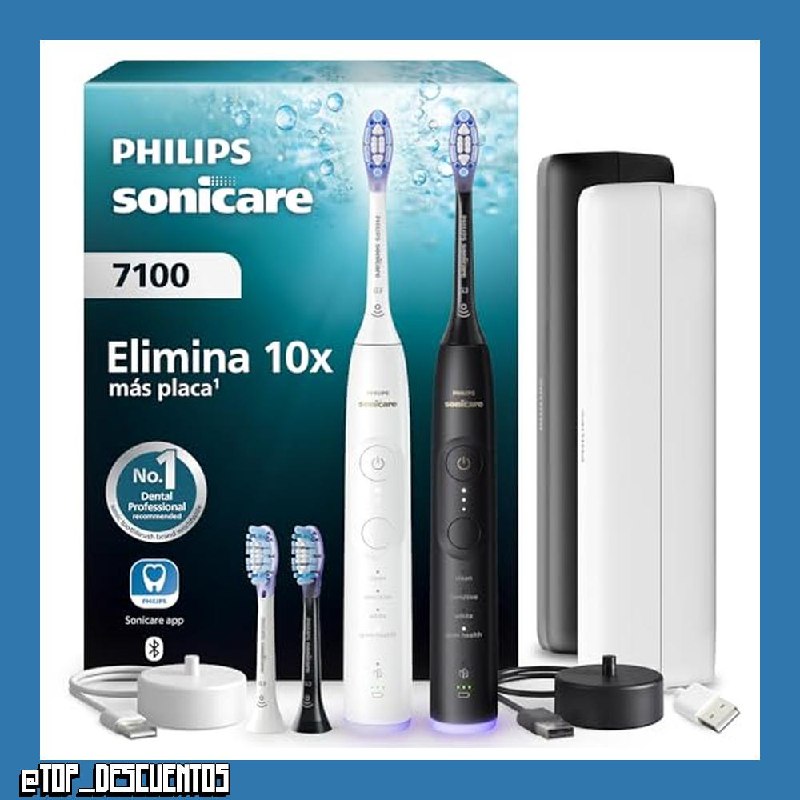 Cepillo eléctrico Philips Sonicare Serie 7100 - Tecnología Next Generation, sensor de presión, 12 ajustes, 21 días de autonomía, estuche con opción de carga, blanco y negro, pack doble, HX7429/04