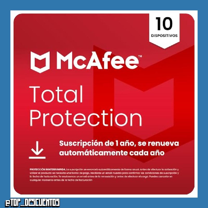 McAfee Total Protection para 10 Dispositivos 2026 | Antivirus, VPN, software de seguridad, gestor de contraseñas, | Suscripción de 1 año con renovación automática | Descargar