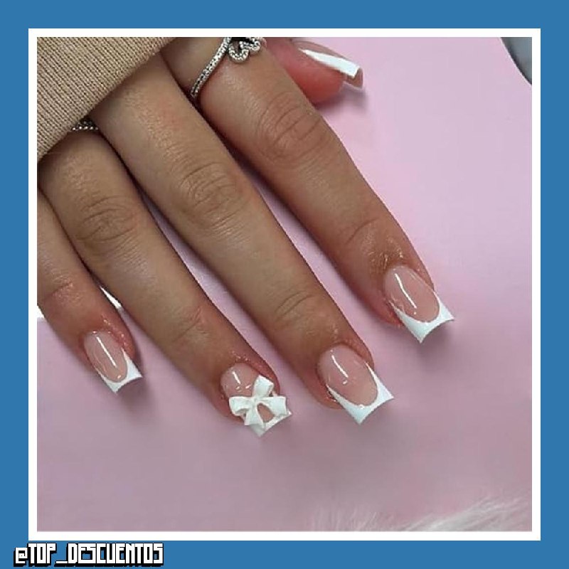 24 uñas postizas cuadradas cortas con punta francesa, pegamento para uñas postizas, color sólido, brillante, nude rosa, diseños bonitos