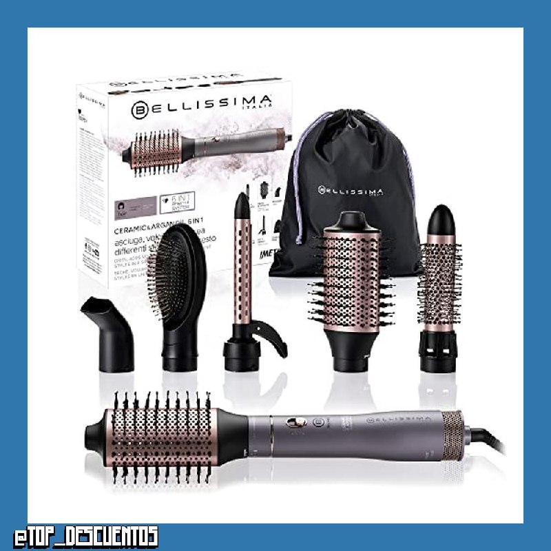 Bellissima Ceramic & Argan Oil 6en1, Cepillo de Aire Caliente, Moldeador, 6 Accesorios, Tecnología Ion, Cepillos Recubiertos de Cerámica y Aceite de Argán, Seca y Aporta Volumen, Golpe Aire Frío