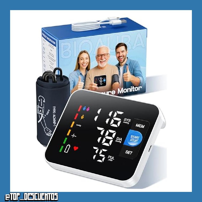 Tensiómetro de Brazo Digital, Pantalla Digital LED Medidor Tension Arterial, Blood PresSure Monitor, Se Pueden Registrar 3 x 199 Datos de Usuario, Con Brazalete 22-42cm, Cable de Carga de Tipo-C