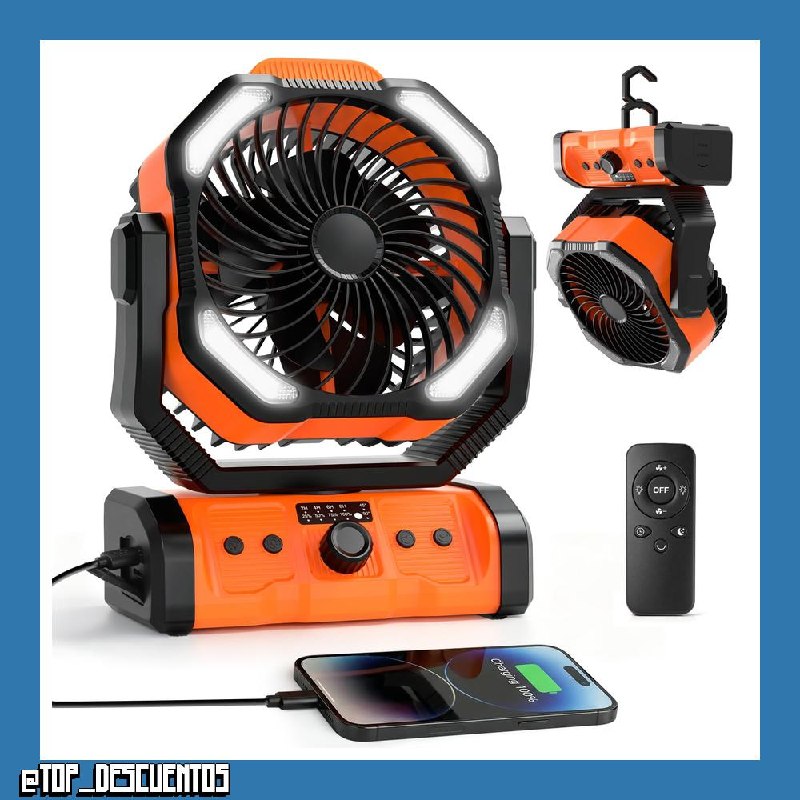 ELZO Camping Ventilador 20000mAh, Portátil Recargable para Escritorio Tienda de Campaña con Control Remoto y Gancho, Luz LED, Ventilador USB de Velocidad Continua, Hogar Exterior Viajes Pesca