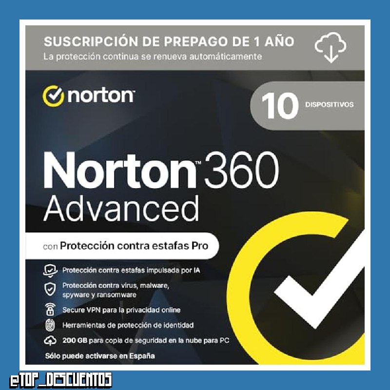 Norton 360 Advanced 2026 │ 10 Dispositivos │ 12 meses renovación automática │ Social Media, Dark Web Monitoring y VPN │ Código por email