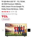 TV QD-Mini LED 75" - TCL 75C6K, 4K HDR Premium 1000nits, FALD, Smart TV con Google TV, Dolby Vision IQ·Atmos, 144Hz