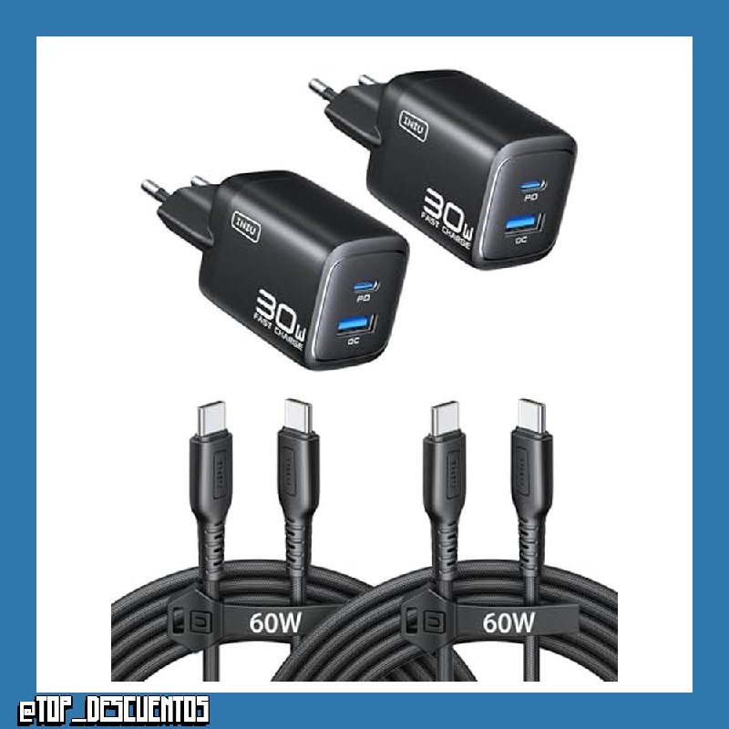 INIU Cargador USB C, 30W 2-Paquete PD GAN Cargador Carga Rapida y Cable 60W