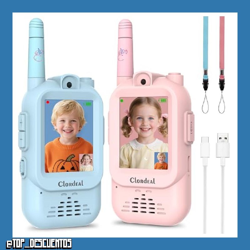 Video Walkie Talkie Niños Largo Alcance Recargable, Juguetes Niño y Niña 3-12 Años, Pantalla LCD 2", Videollamada, 6 Efectos Voz, Cámara, 23 Emoticonos, Azul Rosa, Pack de 2