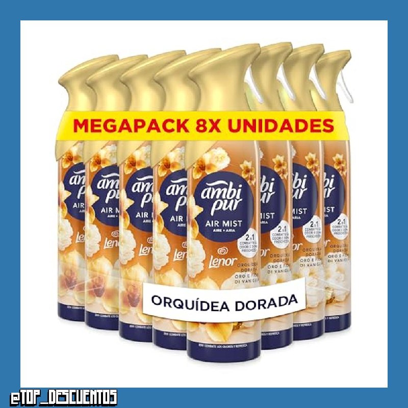 Ambipur Orquídea Dorada Ambientador En Spray 185ml x 8, Con Una Fragancia El Doble De Duradera Que Elimina Olores Y Deja Un Aroma Fresco Y Ligero