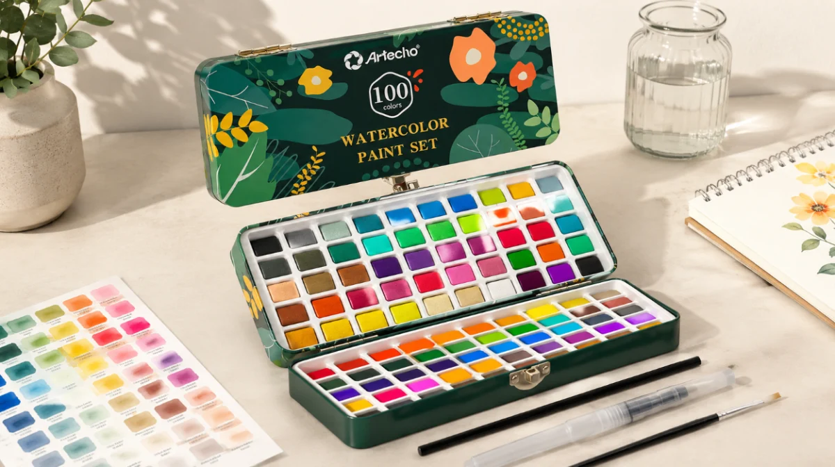 Kit creativo de acuarelas Artecho: 100 colores, pinceles y papel en estuche portátil por sólo 18,99€ (-30%)