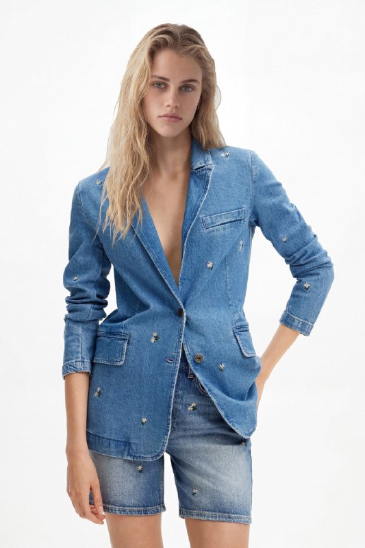 Desigual, Blazer denim pequeñas flores, Algodon, Azul, XS