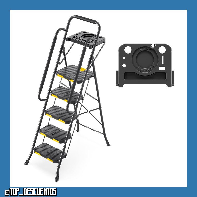 KINGRACK Escalera de Tijera 5 Peldaños Plegable con Pasamanos de Seguridad y Bandeja de Herramientas, Escalera Doméstica con Gran Pedal Antideslizante, Uso Hogar Cocina Despensa Armarios Oficina