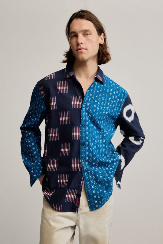 Desigual, Camisa estampada patch, Hombre, Algodon, Azul, S