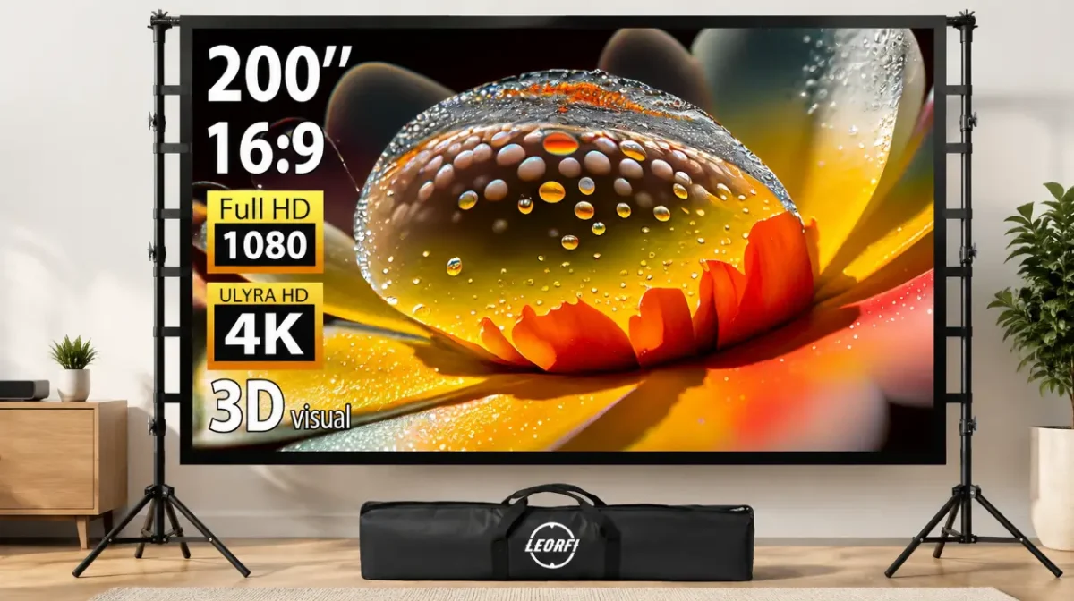 Pantalla de proyección portátil LEORFI de 200" con soporte y bolsa de transporte por sólo 151,99€ con envío gratis (-24%)
