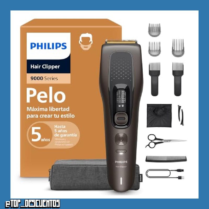 Philips Cortapelos Serie 9000 - Cortapelos para hombre y mujer, cuchillas autoafilables, 28 longitudes en intervalos de 1 mm, Trim and Flow, 180 min de autonomía, kit barbero de 4 piezas, HC9721/15