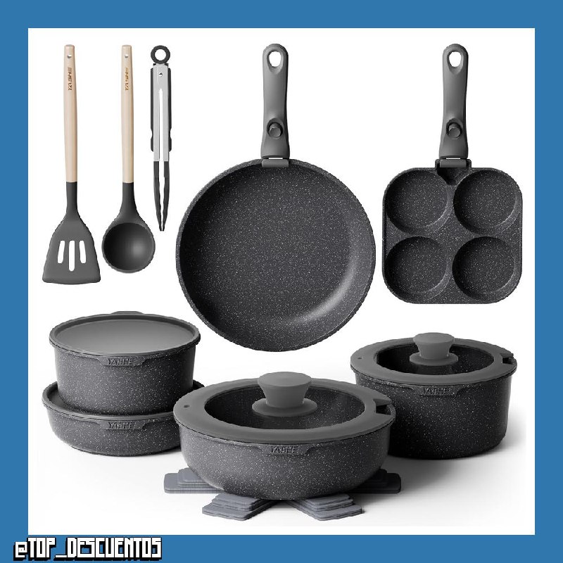 YASHE Batería de cocina antiadherente de 20 piezas – Juego de ollas y sartenes con asas extraíbles, compatible con lavavajillas, apilable, ideal para familias,Gris