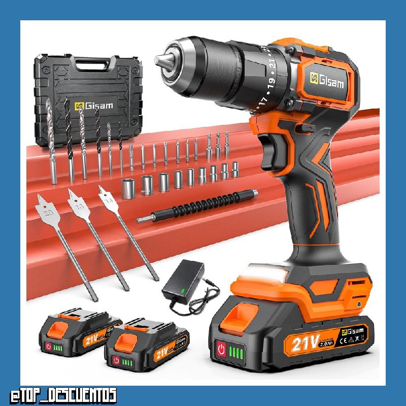 Taladro a Batería 21V, Kit Taladro Inalámbrico Con 2 Baterías, Motor Brushless 1200W 75Nm, 25+3 Niveles, Mandril 13mm, 2 Velocidades, Gran LED, 29 Accesorios Para Hogar & DIY de Jardín