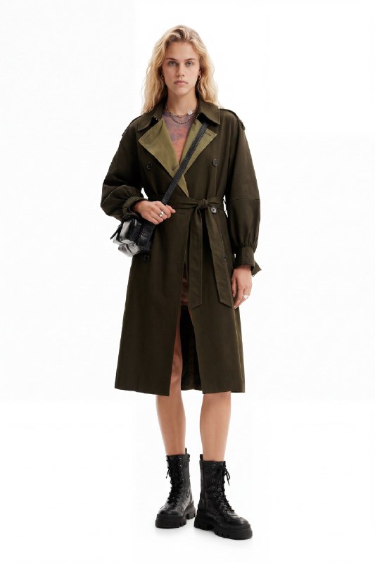 Desigual, Gabardina oversize cinturón, Algodon, Verde, L