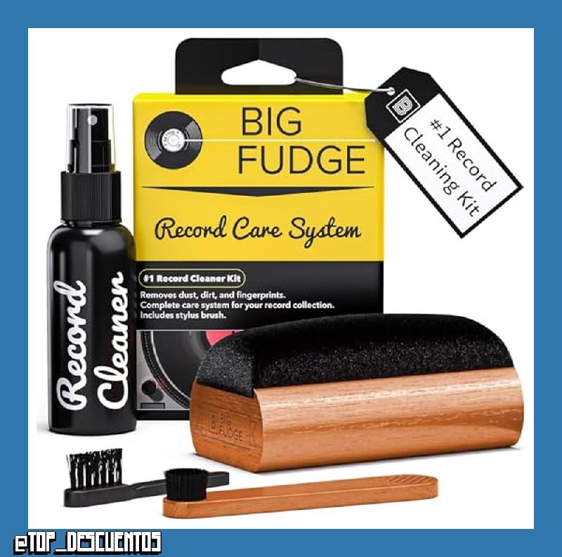 BIG FUDGE Set Limpiador Vinilos Discos - Kit Limpieza Vinilos Discos 4en1 - Cepillo de Terciopelo para Disco y Otro para la Aguja - Solución Limpiadora y Bolsa de Almacenamiento - Vinyl Cleaning Kit