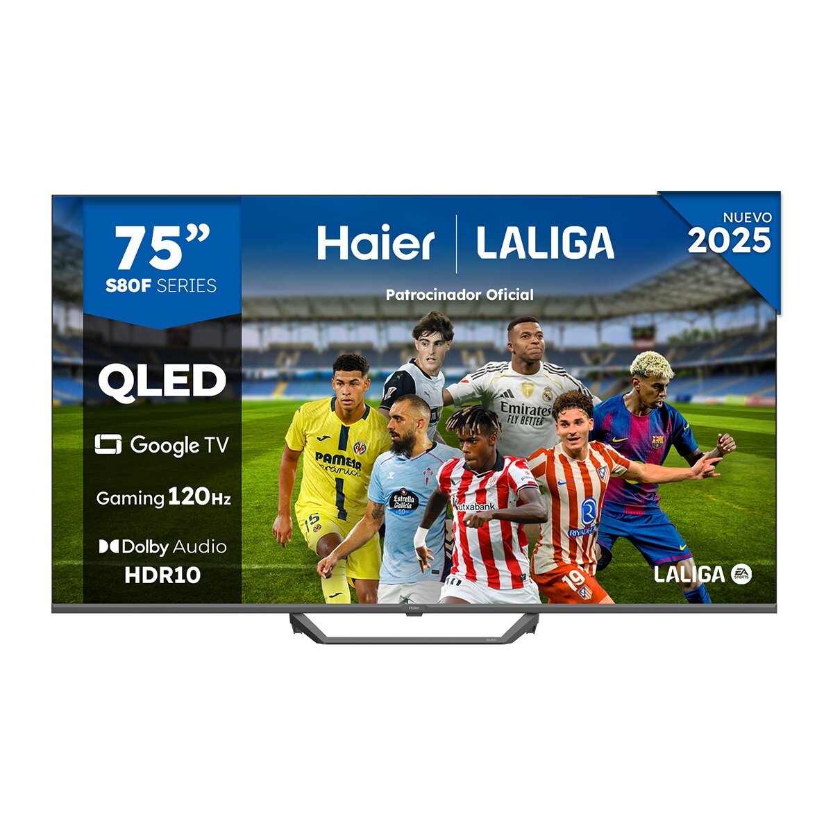 Haier - TV QLED 189 cm (75") Haier H75S80FUX UHD 4K, Peana central, Smart Google TV, HDR10, Gaming 120Hz, Dolby Audio.