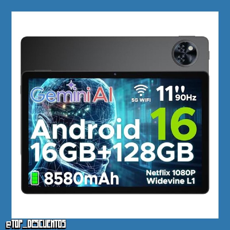 U11 Tablet 11 Pulgadas, 16GB RAM+128GB ROM/2TB TF Tablet, Batería 8580mAh, Octa-Core Unisoc T7200, HD 90Hz Tablets Android 16, Widevine L1/Gemini AI/13MP+5MP/WiFi 5G/Face ID/GPS/OTG/Audio 3.5mm Jack