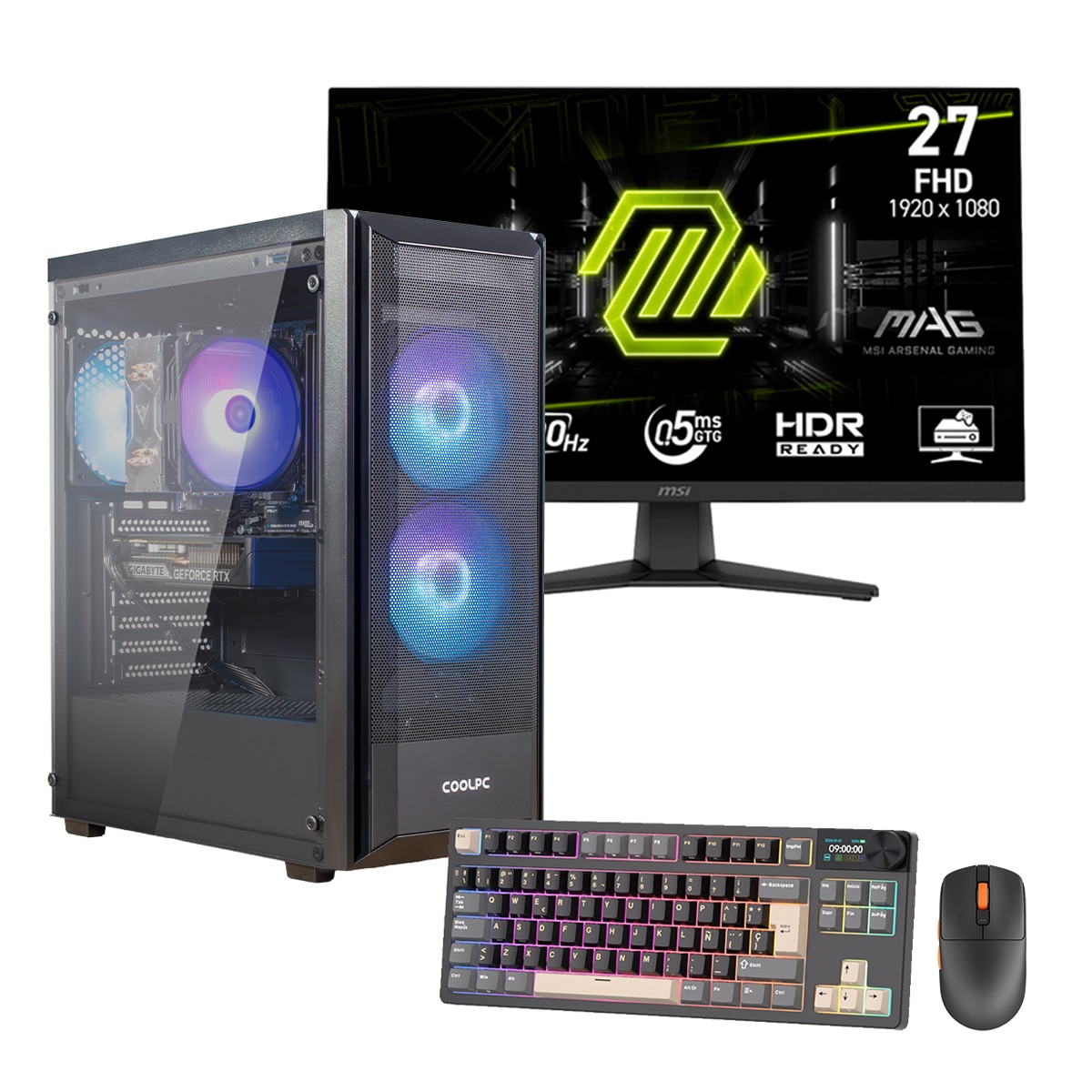 COOLPC - Sobremesa Gaming COOLPC Nebula, Ryzen 7, 32GB, NVMe 1TB, Nvida GEForce RTX 5060 8 GB + Monitor 27" + Teclado y Ratón Royal Kludge.