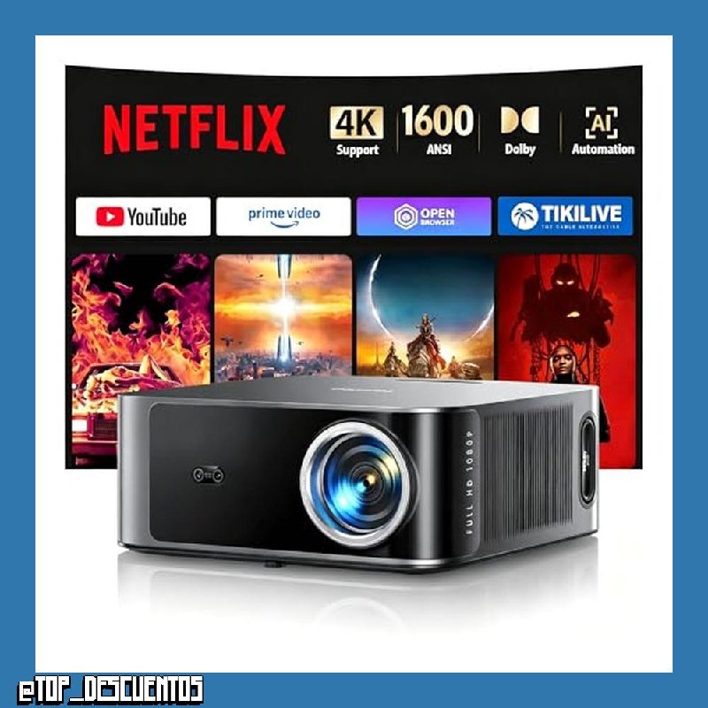 Proyector【Alto Brillo1600 ANSI/Netflix Ready/36W Dolby/App Integrada】 Smart Proyector 4K Soporte AI Auto Focus/Keystone, Proyector1080P Nativo HDR, WiFi6 Bluetooth5.2 Zoom 50% ARC/CEC, Cine en Casa