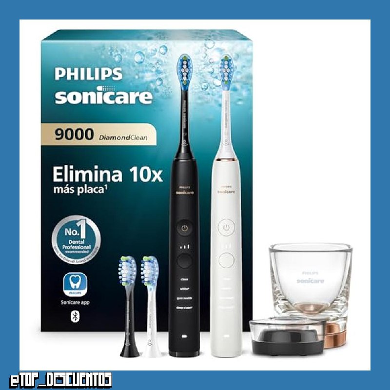 Philips Sonicare DiamondClean 9000 cepillo dental eléctrico, paquete doble, cepillo dental sónico con aplicación, sensor de presión, vaso de carga, negro y oro rosa, modelo HX9914/61