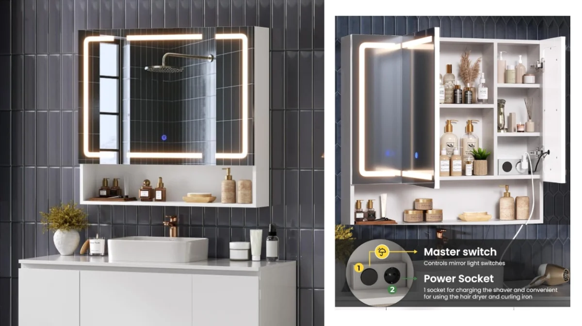 Armario de baño con espejo LED regulable envolvente, 3 puertas y estantes ajustables por sólo 85,49€ (34% de descuento)