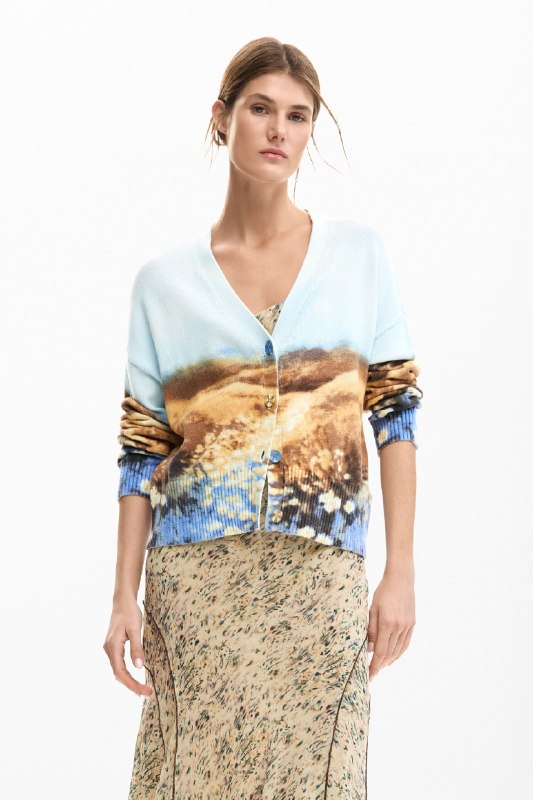 Desigual, jersey cárdigan paisaje, Mujer, Algodon, Azul, XS
