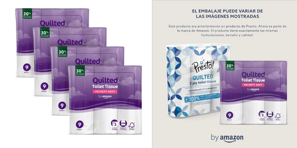 Pack x36 Rollos Papel higiénico Amazon Quilted Acolchado de 3 capas por sólo 11,73€ (0,33€ cada uno)