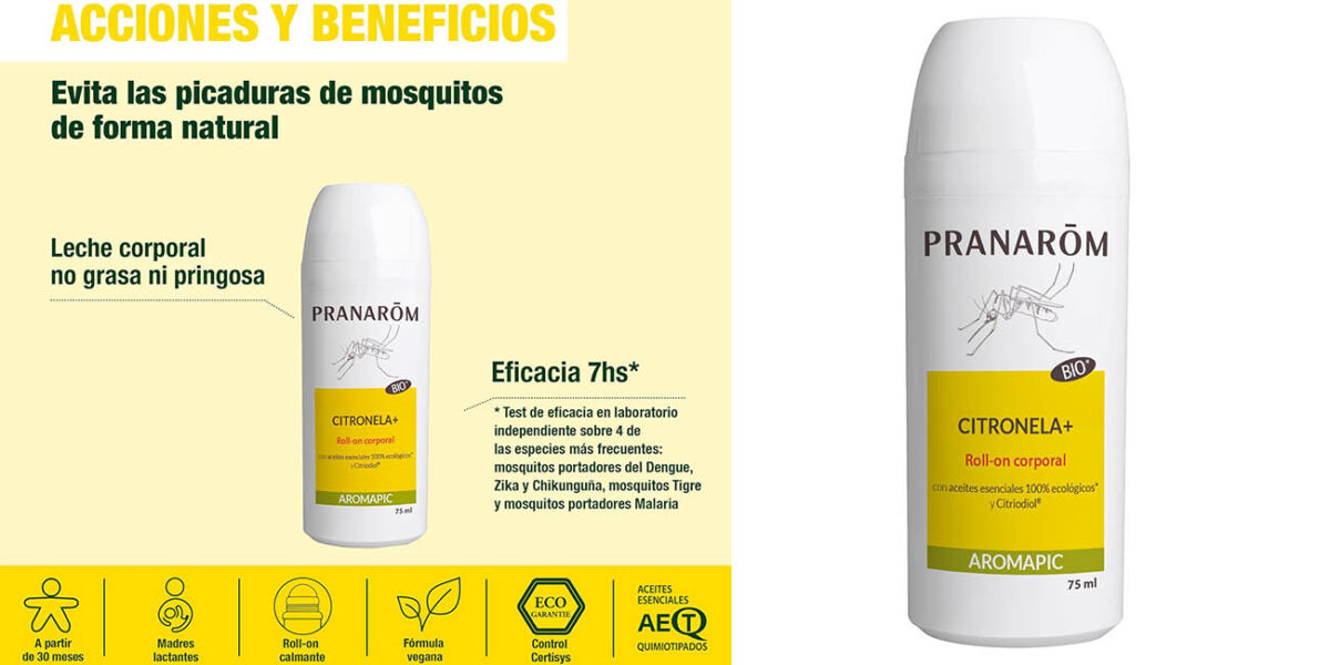 Pranaróm Citronela+ en roll-on para prevenir picaduras por solo 11,98€ con cupón (48% de descuento)