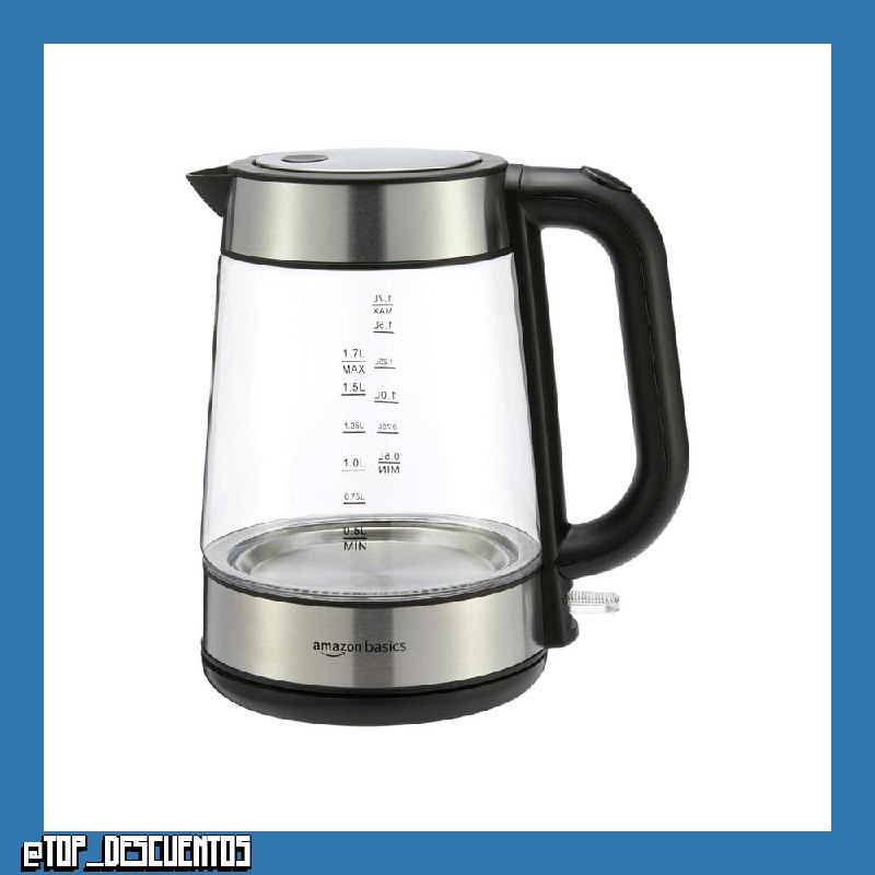 Amazon Basics Hervidor eléctrico de cristal, 1.7 l, 2200W, Negro, Plateado