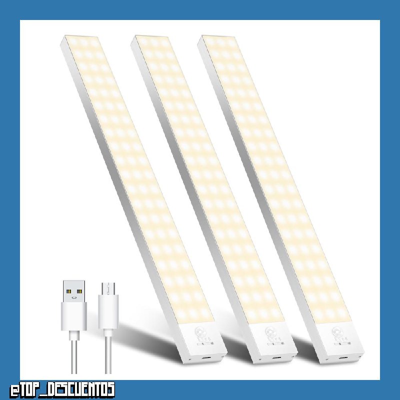 OUILA Luz LED Armario con Sensor Movimiento 3000K 60 LEDs 4 Modos Luz LED Adhesiva Magnética 1500mAh USB Recargable Luz Nocturna para Cocina, Armario, Escaleras, Pasillo, Garaje-3 Packs