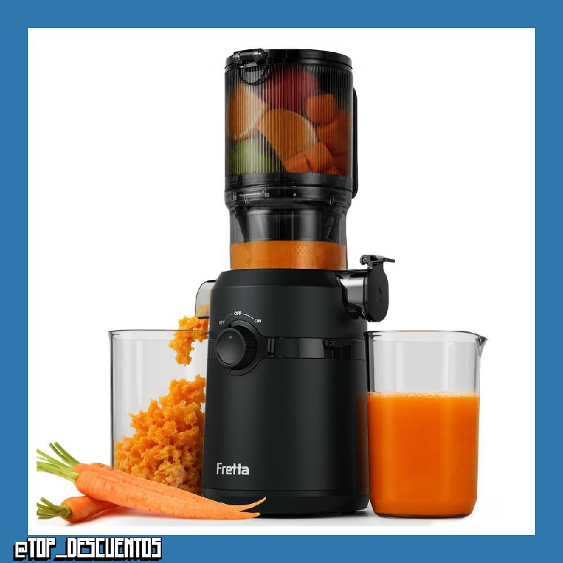 Fretta Extractor de Zumos y Verduras, Apertura de 108MM y Capacidad de 1L, Licuadora Prensado en Frio para Verduras Frutas Enteras, 200W Slow Juicer Machine, Fácil Montaje y Limpieza, Sin BPA (Negro)