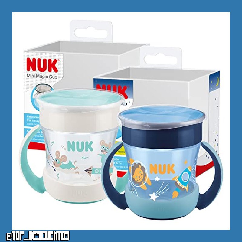NUK Mini Magic Cup Night taza para sorber | +6 meses | 160 ml | Borde a prueba de derrames de 360° para beber desde cualquier lado | Brilla en la oscuridad | Sin BPA | León (azul) | 2 unidades.
